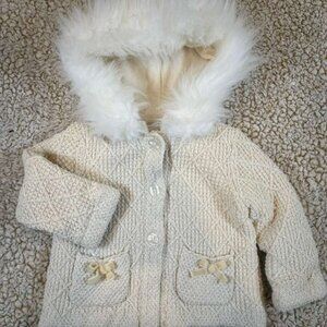 Max Studio Baby Hooded Knit Jacket Cream Faux Fur 6–9 Months